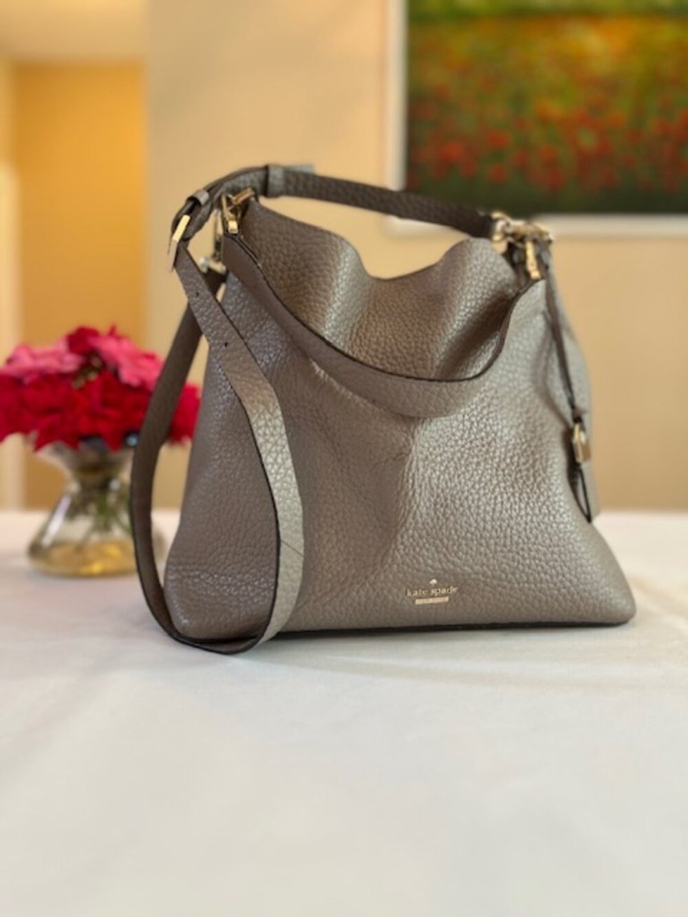 KATE SPADE | New York Gray Pebbled Leather Tote Hobo Shoulder bag-EUC - Picture 2 of 16